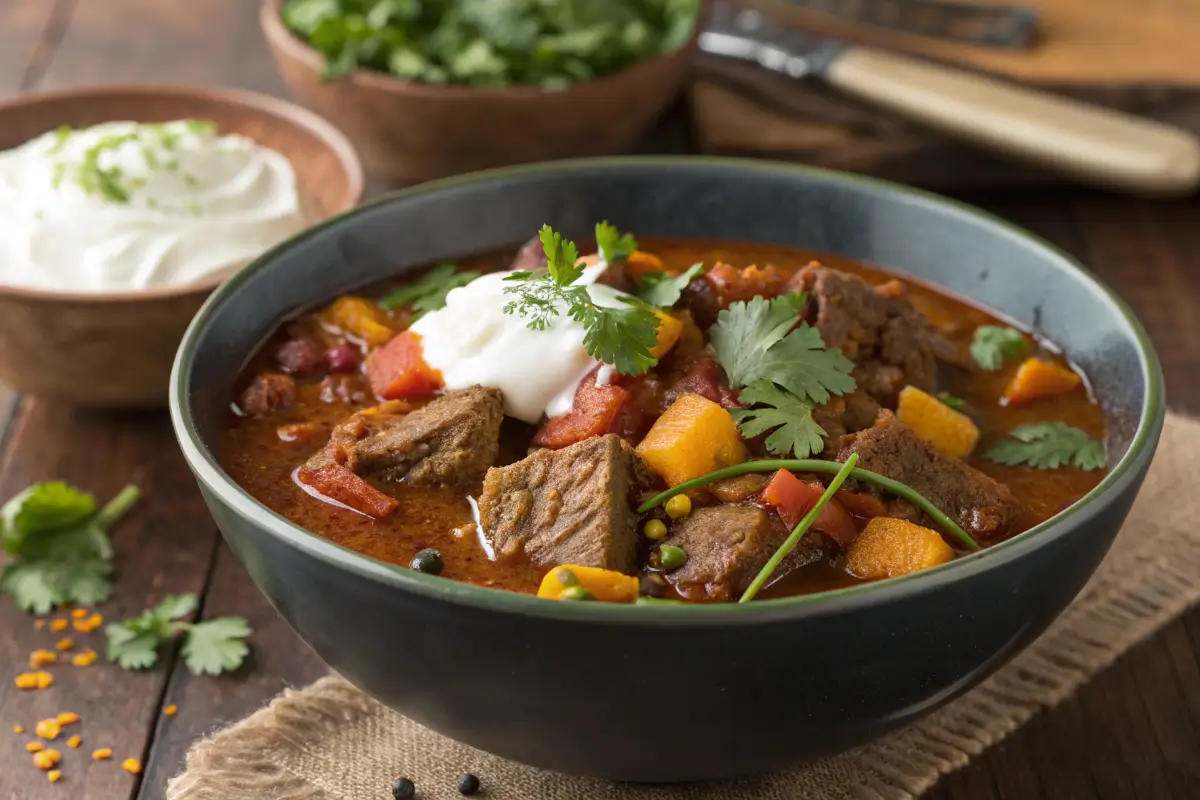A bowl of Mexican beef stew garnished with cilantro and a dollop of sour cream, surrounded by fresh cilantro leaves and a bowl of sour cream in the background.