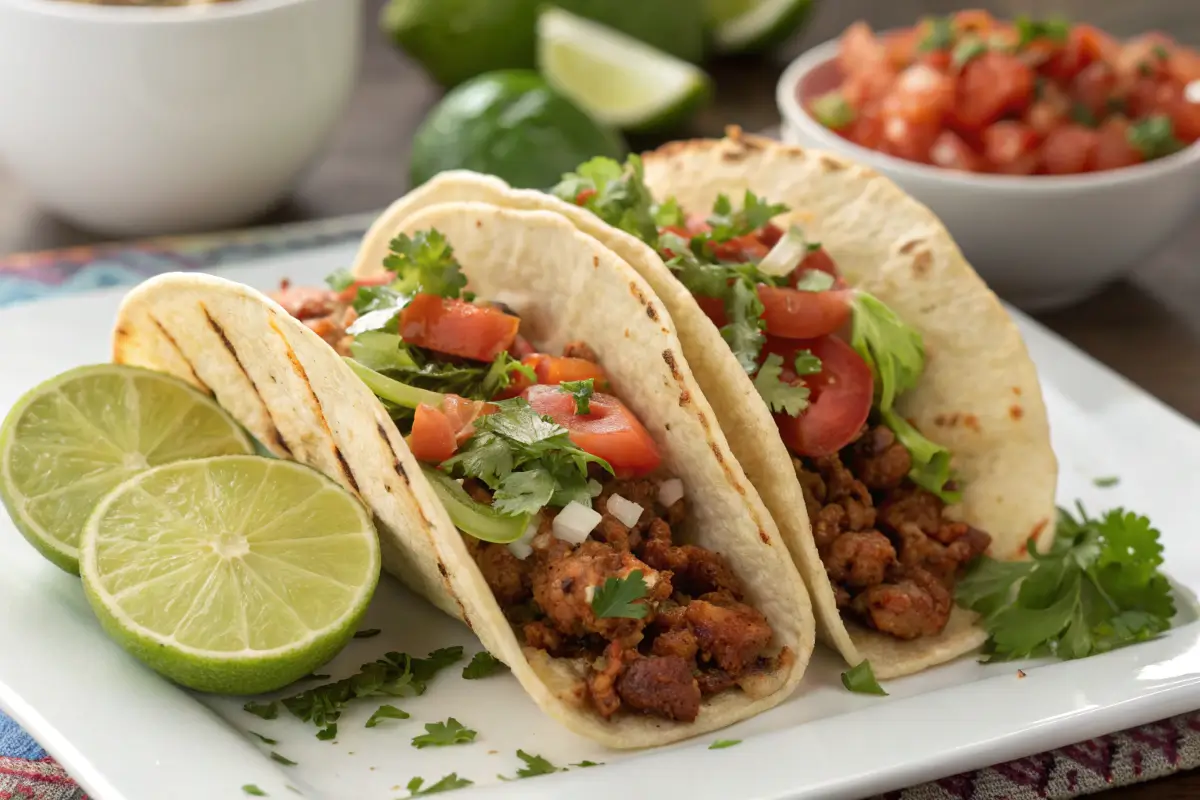 Three Mexican tacos filled with seasoned meat, diced tomatoes, onions, cilantro, and avocado slices, served on a white plate with two lime halves.