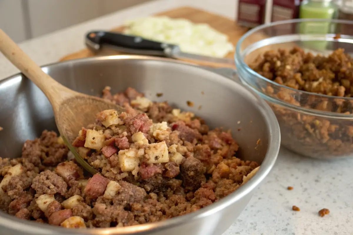 Mixing Savory Stove Top Stuffing Meatloaf Ingredients