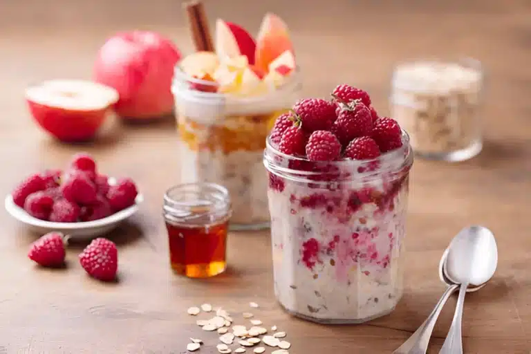 Two jars of **overnight oats Costco** topped with fresh raspberries and apple slices, surrounded by ingredients including raspberries, honey, and oats on a wooden table.