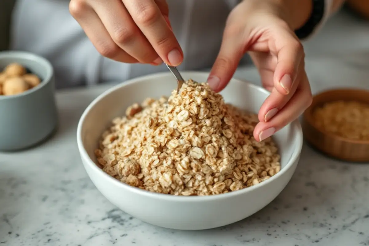 Close up of Delicious low calorie overnight oats with berries and nuts.
