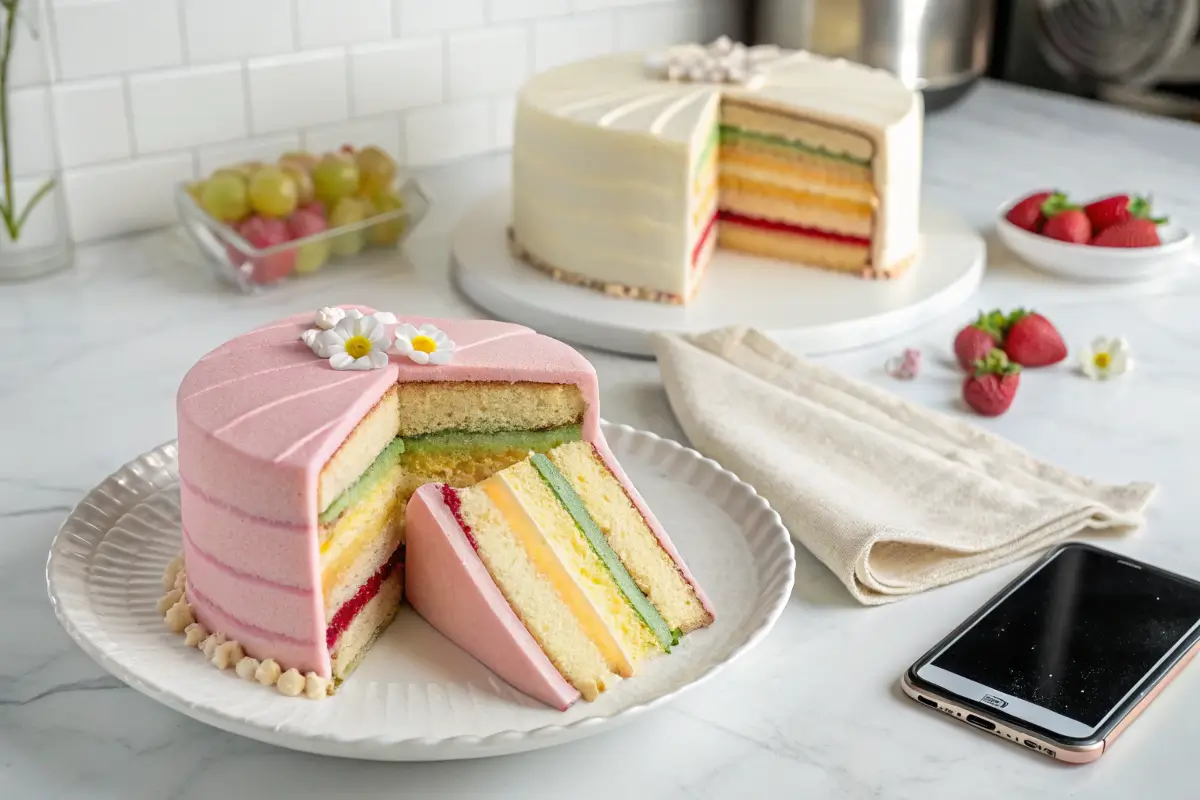 Sliced princess cake showing layers