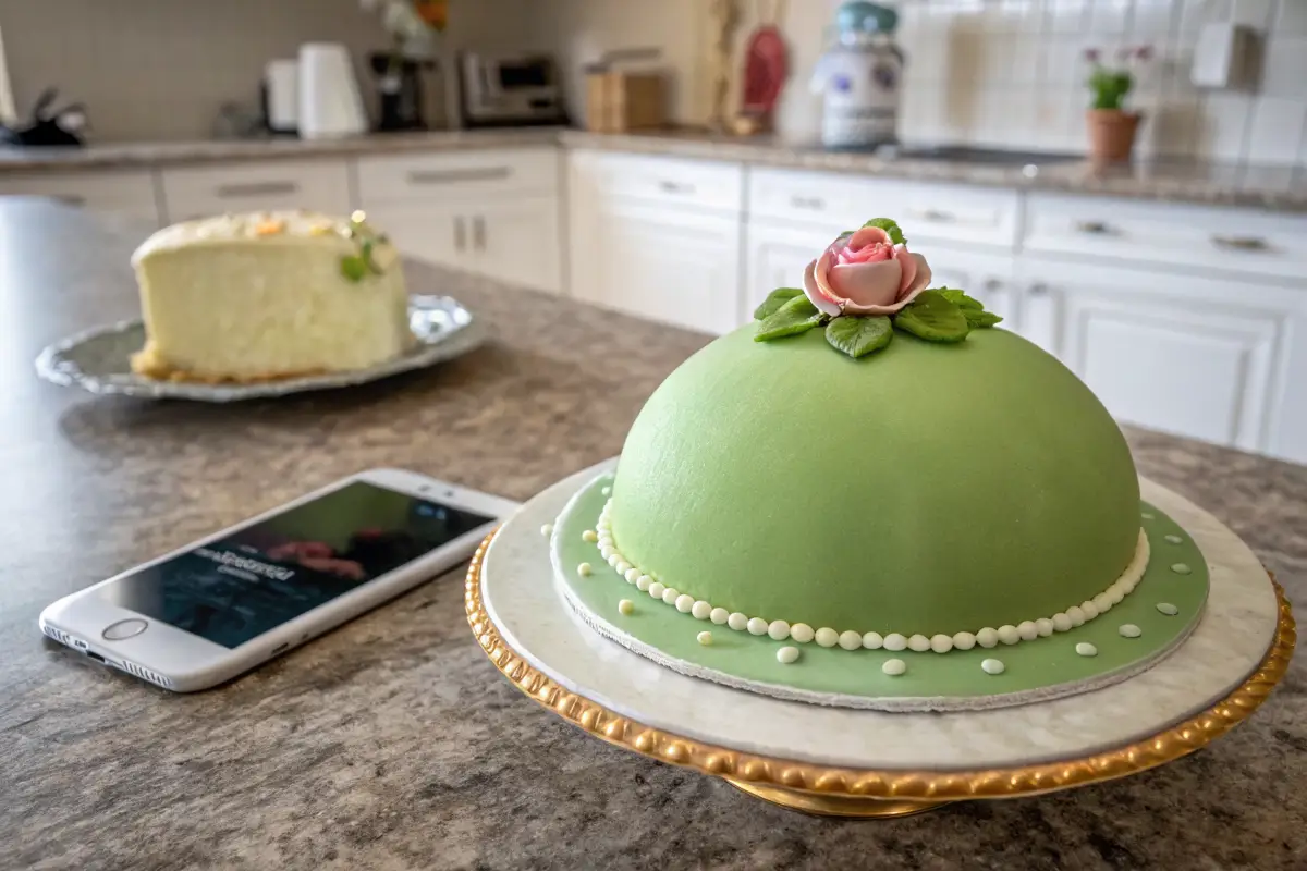 Elegant princess cake with green marzipan dome.