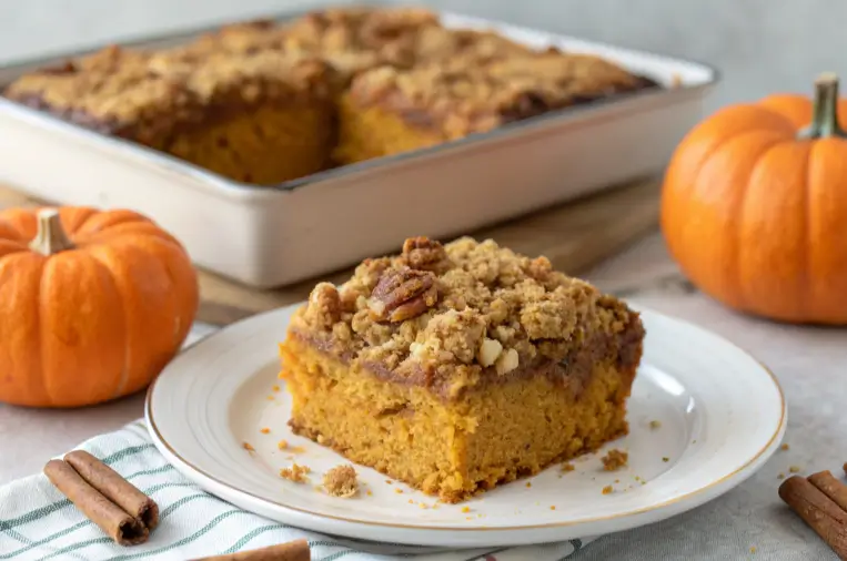 A slice of pumpkin dump cake with a crumbly topping on a white plate, with a baking dish containing the rest of the cake in the background. Two small pumpkins and cinnamon sticks are also visible.