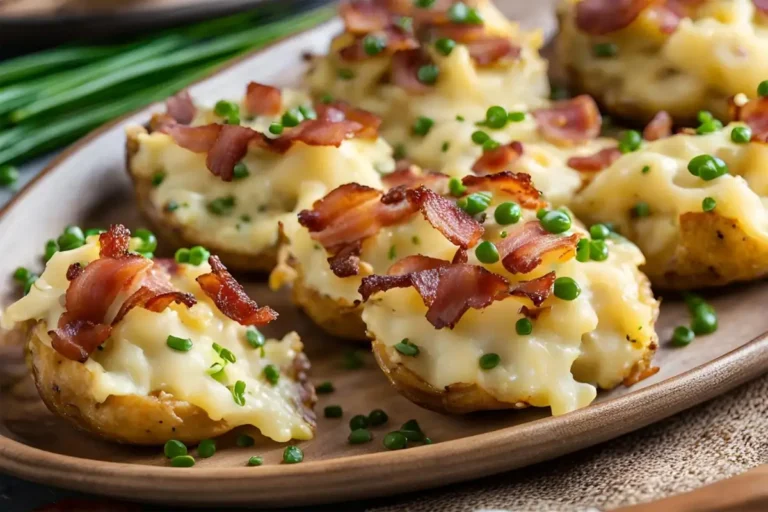 Plated cheesy smashed potatoes with toppings for cheesy smashed potatoes recipe.