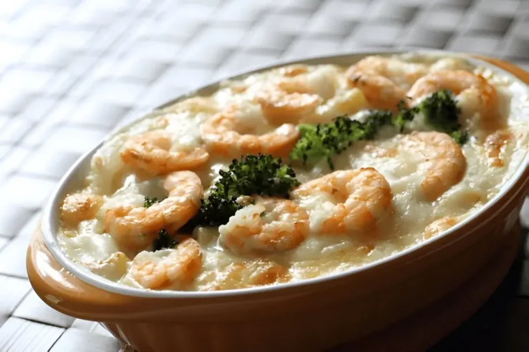 A close-up of a shrimp au gratin dish in a yellow baking dish, featuring shrimp, broccoli, and a creamy, cheesy sauce.