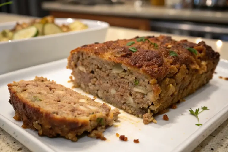 Close up of a slice of savory stove top stuffing meatloaf