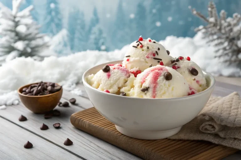 A bowl of vanilla ice cream with chocolate chips and red syrup, set on a wooden board with a snowy winter background.