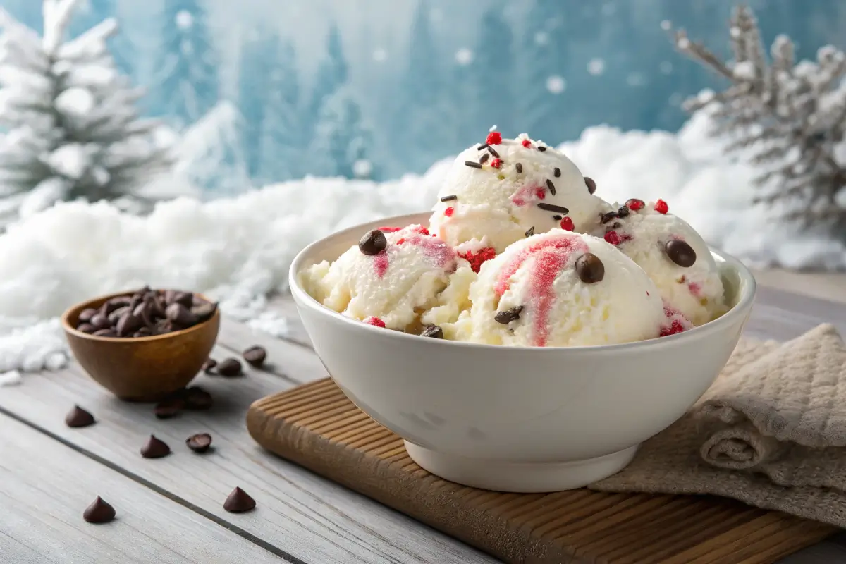 A bowl of vanilla ice cream with chocolate chips and red syrup, set on a wooden board with a snowy winter background.