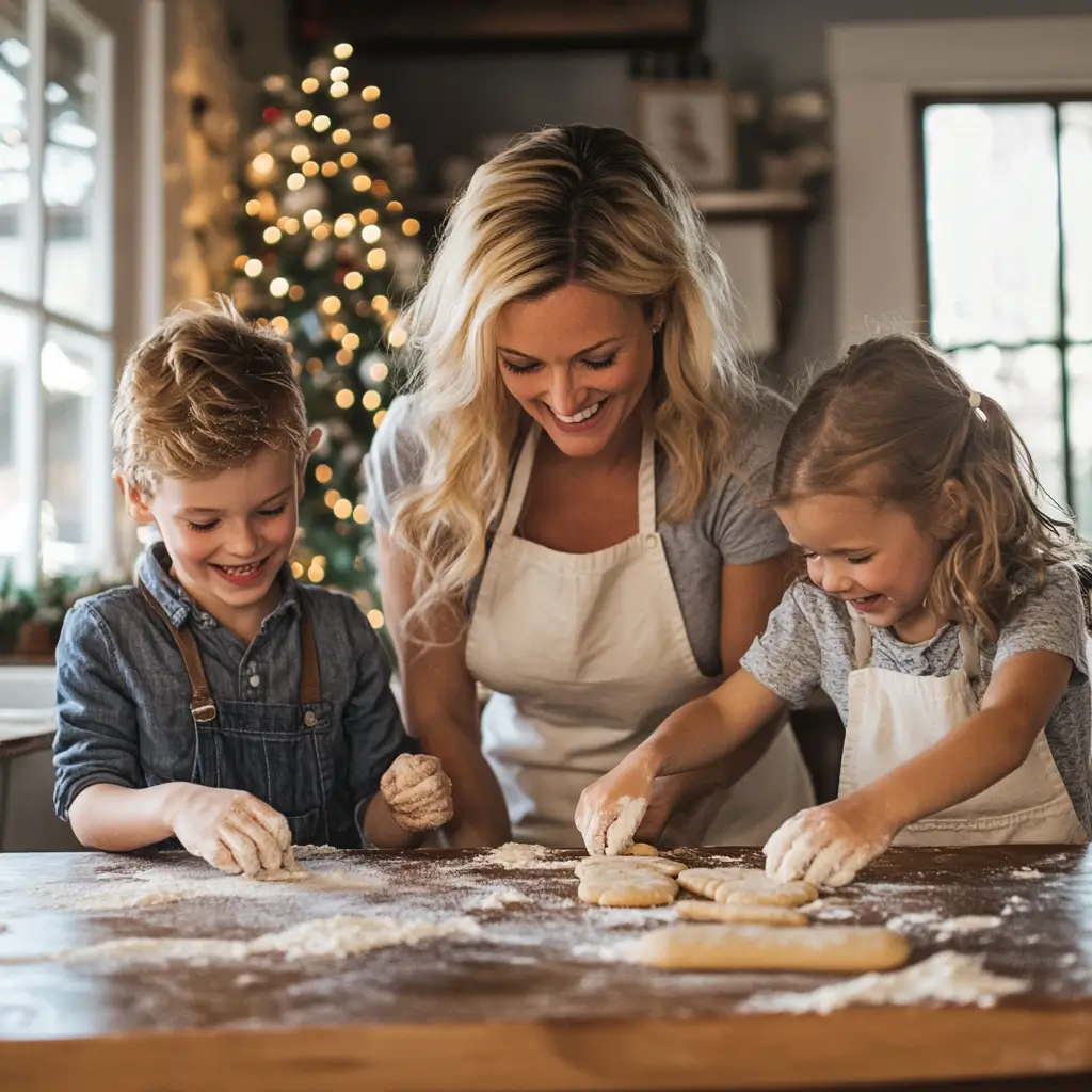 About Amelia – Baking cookies with her two children in a warm, cozy kitchen, all smiling and enjoying the moment.