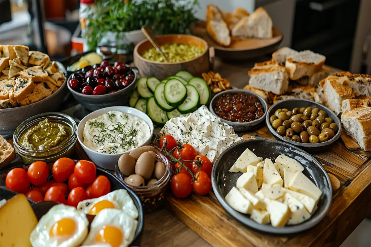 Delicious Turkish Breakfast spread with various cheeses, olives, and breads
