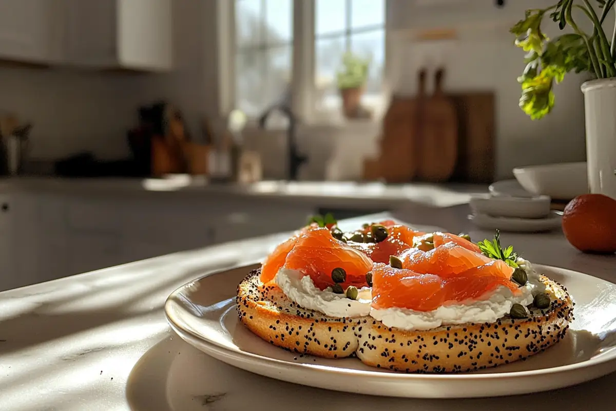 Cream cheese bagel topped with smoked salmon and capers.
