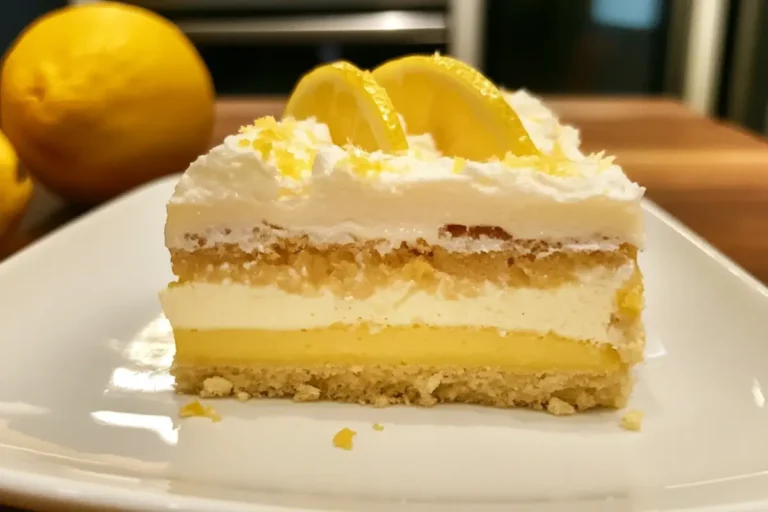 A close-up of a layered creamy lemon lush dessert on a white plate, topped with whipped cream, lemon zest, and lemon slices, with whole lemons in the background.