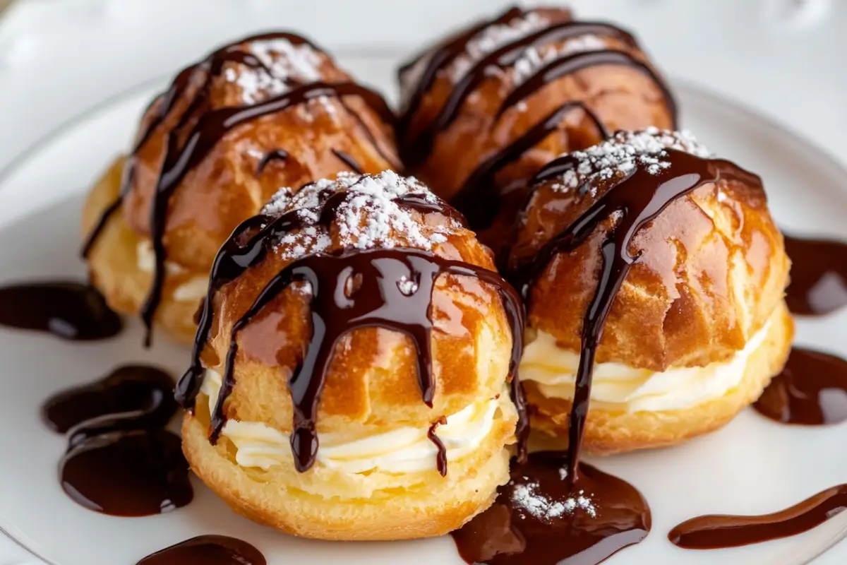 Cream puffs with cream filling, chocolate drizzle, and powdered sugar on a white plate.