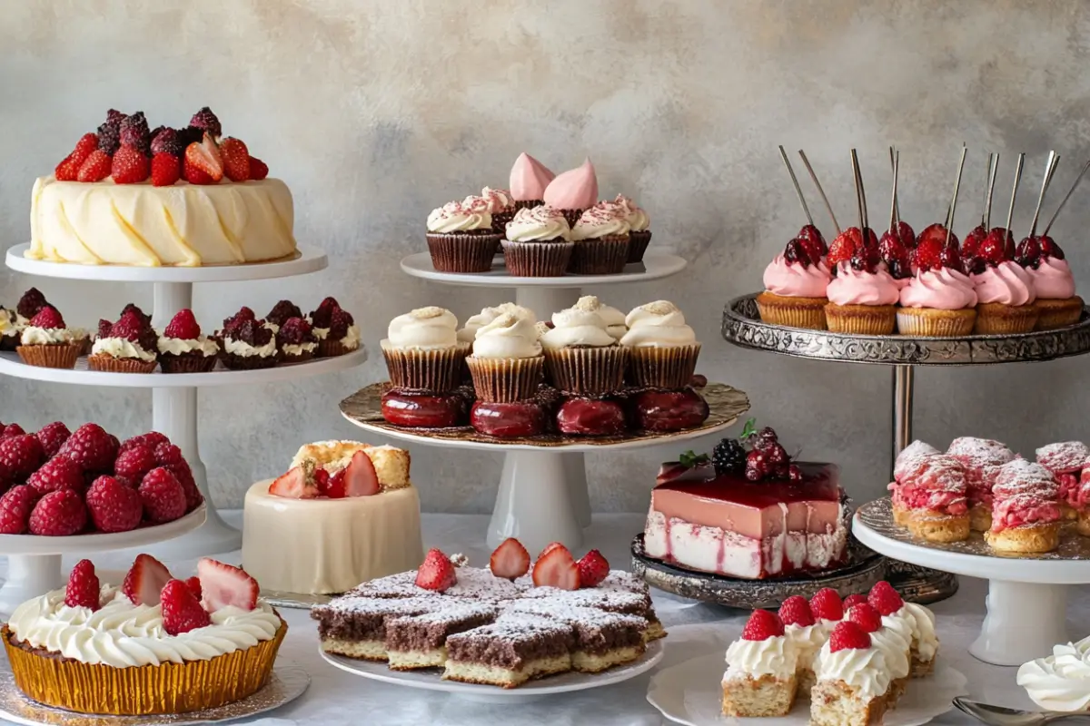 A luxurious spread of French desserts, including cakes, cupcakes, tarts, and pastries, beautifully arranged on tiered stands and plates. The desserts are decorated with fresh berries, whipped cream, and powdered sugar.