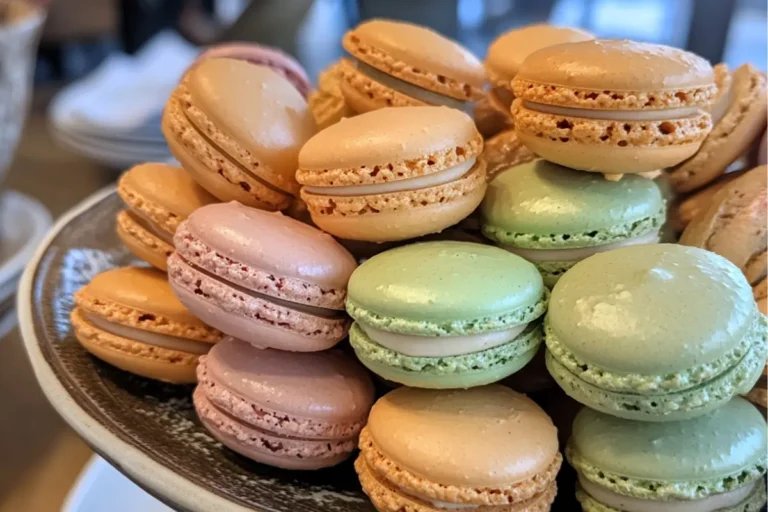 A close-up of a plate filled with colorful French macarons in pastel shades of green, pink, and caramel, with a smooth, delicate shell and creamy filling.