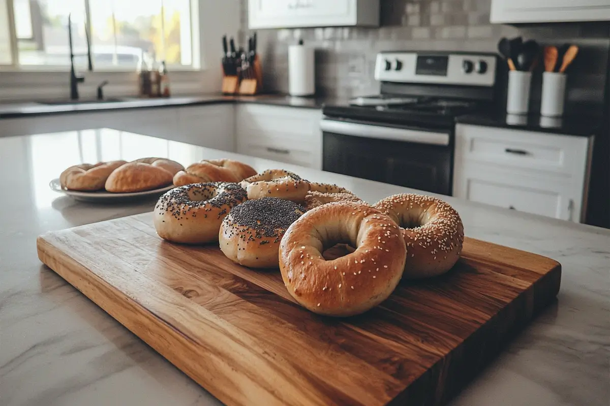 Assortment of fresh bagels ready for a cream cheese bagel.