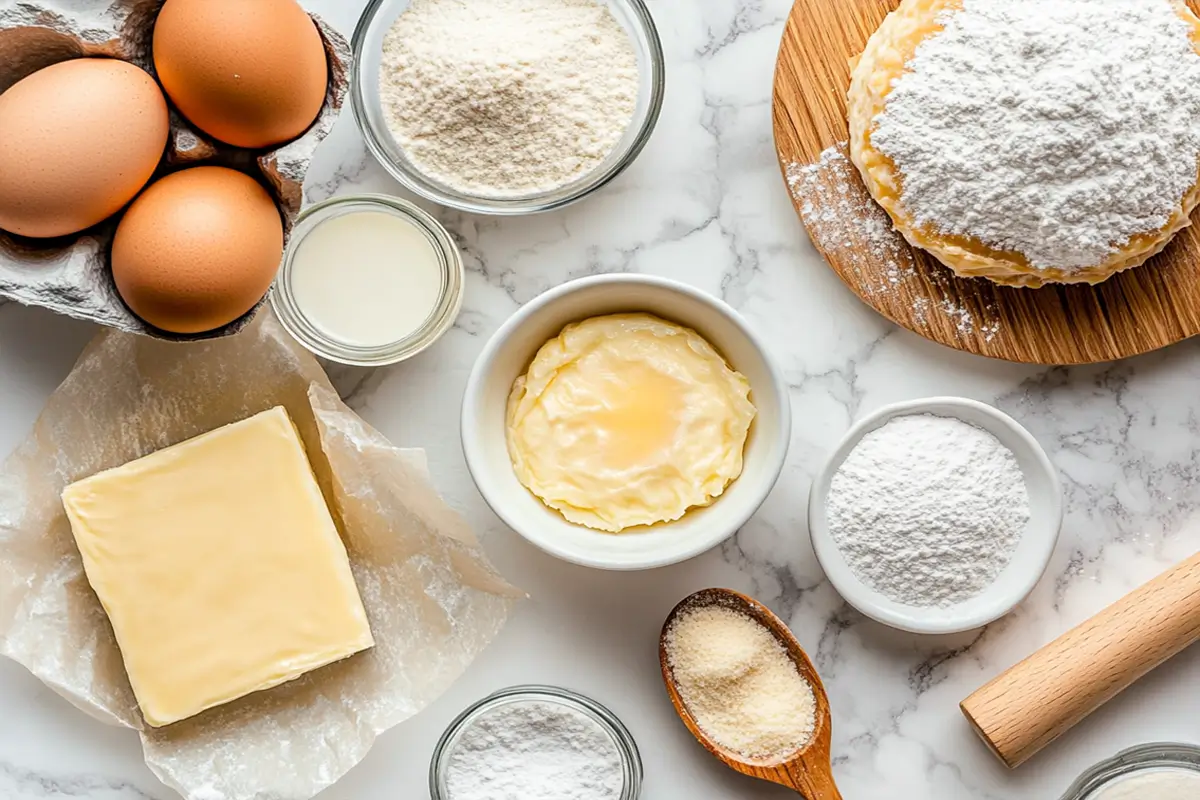 Overhead shot of various baking ingredients on a marble surface, including eggs, flour, butter, milk, sugar, and a puff pastry dusted with powdered sugar.