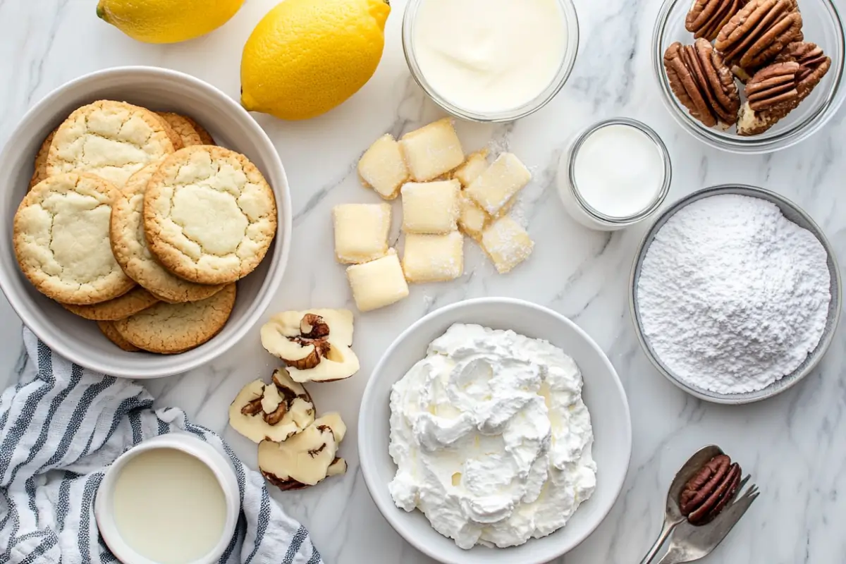 A top-down view of ingredients for a creamy lemon lush dessert, including lemons, sugar cookies, whipped cream, pecans, powdered sugar, lemon pudding, and milk, arranged on a marble countertop.