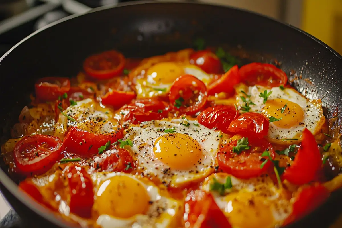Preparing Turkish Menemen dish
