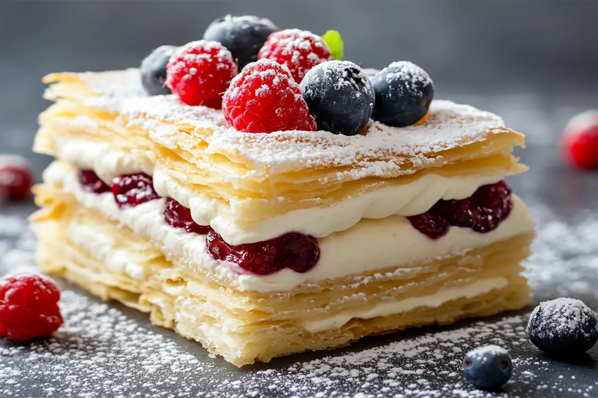Close-up of a delicious Napoleon dessert with berries and powdered sugar.