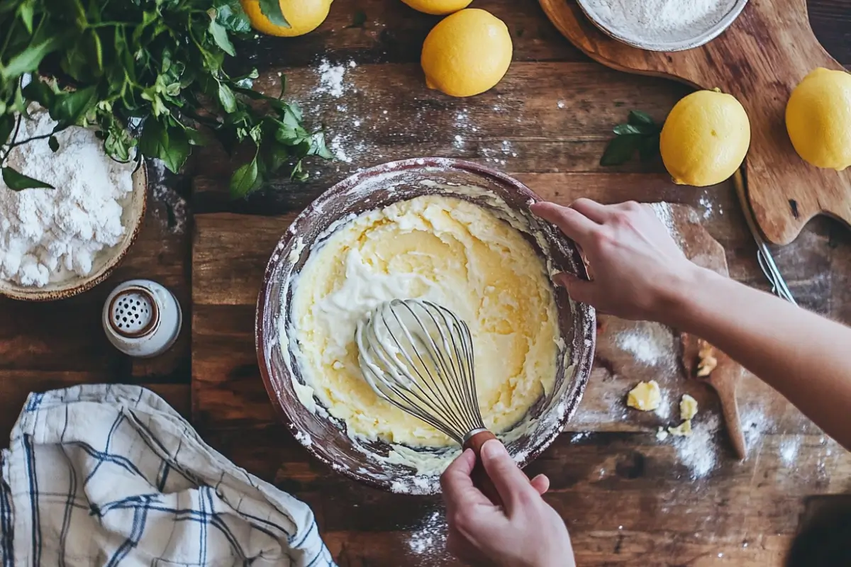 A person whisking a creamy lemon mixture in a rustic kitchen setting, surrounded by fresh lemons, flour, and baking ingredients on a wooden countertop.