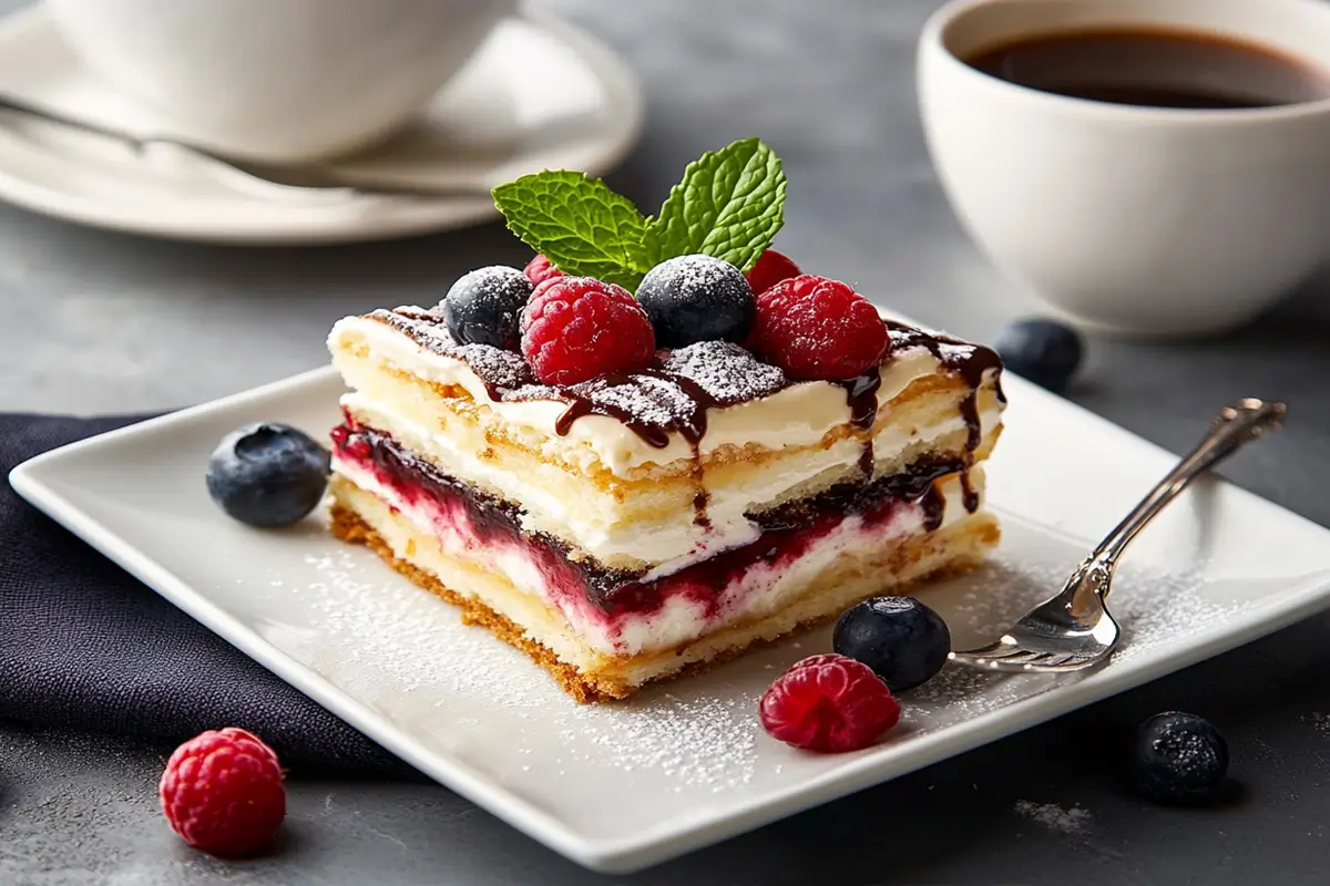 A slice of Napoleon dessert on a square white plate, garnished with berries, mint, and a drizzle of chocolate sauce, paired with coffee.
