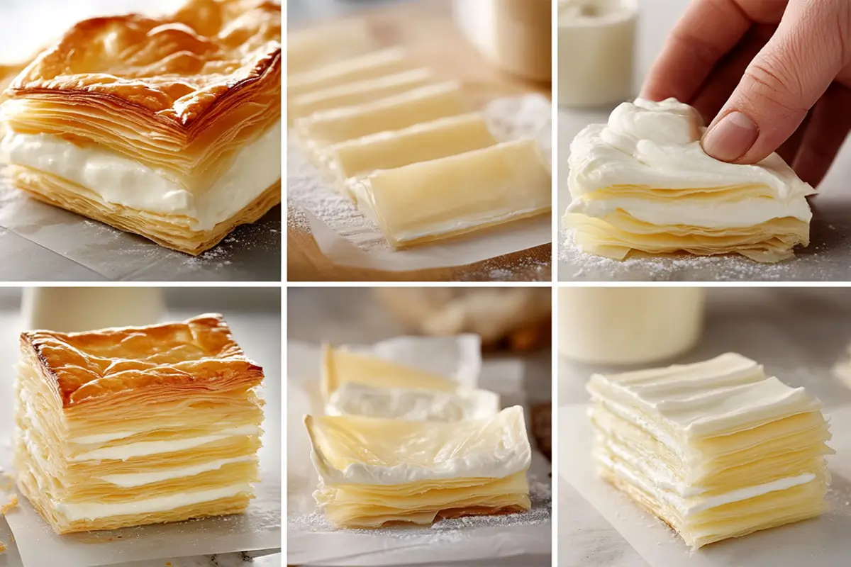 Collage of images showing the step-by-step process of assembling a Napoleon dessert, from prepared puff pastry to the finished layered pastry with cream.