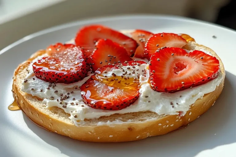 Cream cheese bagel with strawberries and honey.