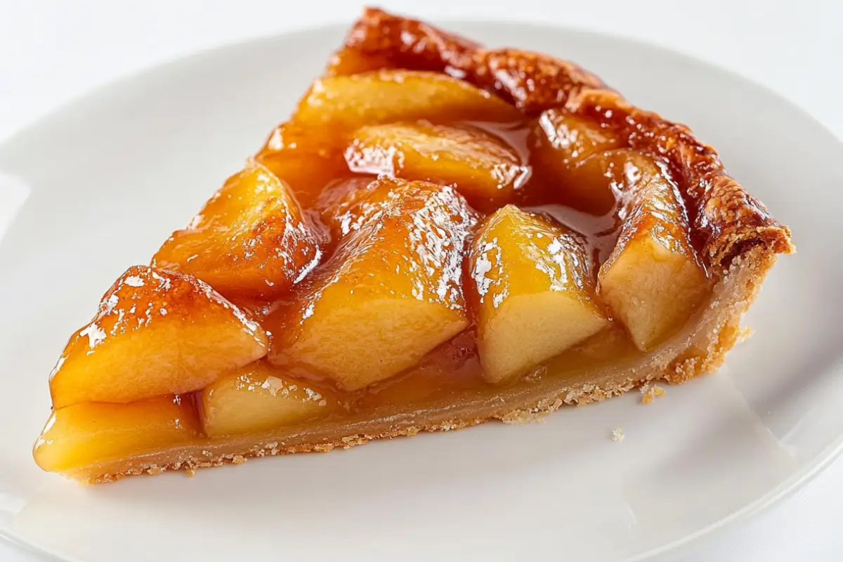 A close-up of a slice of Tarte Tatin, a classic French caramelized apple tart, served on a white plate with a golden, glossy caramel glaze.