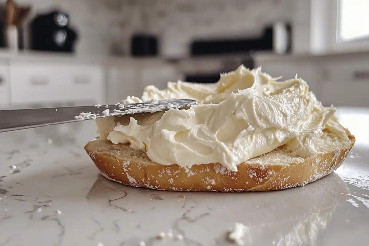 Spreading cream cheese on a bagel for a perfect cream cheese bagel.