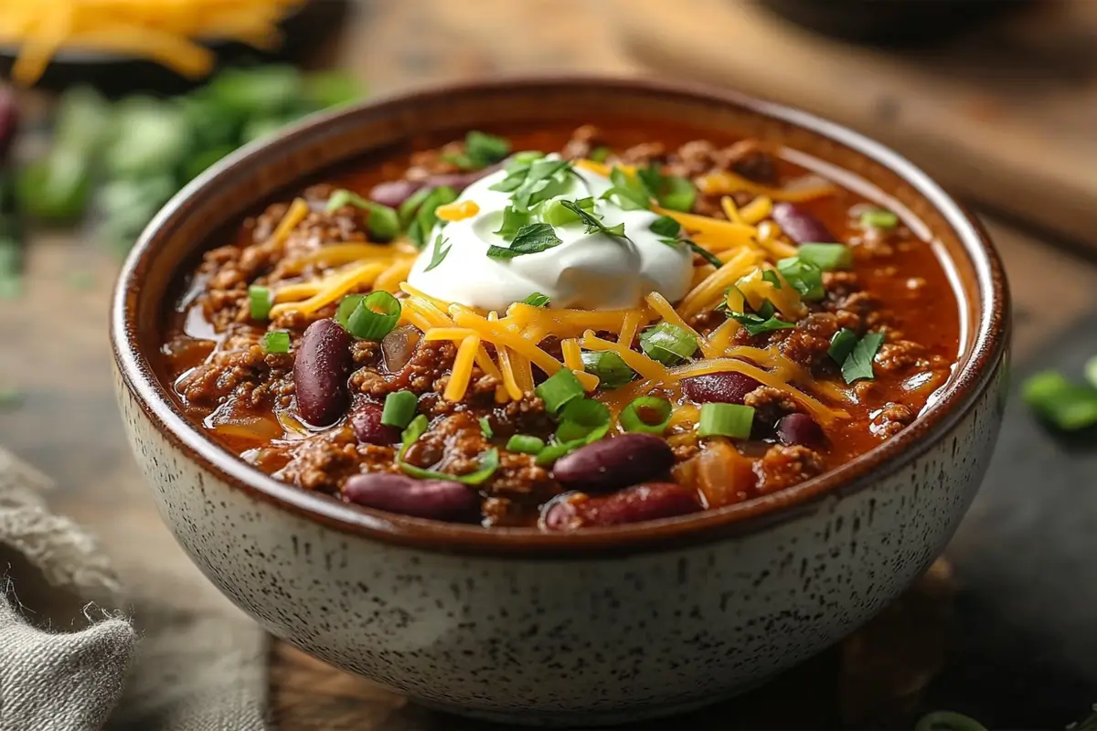 Venison Chili Recipe in a Rustic Bowl with Garnishes