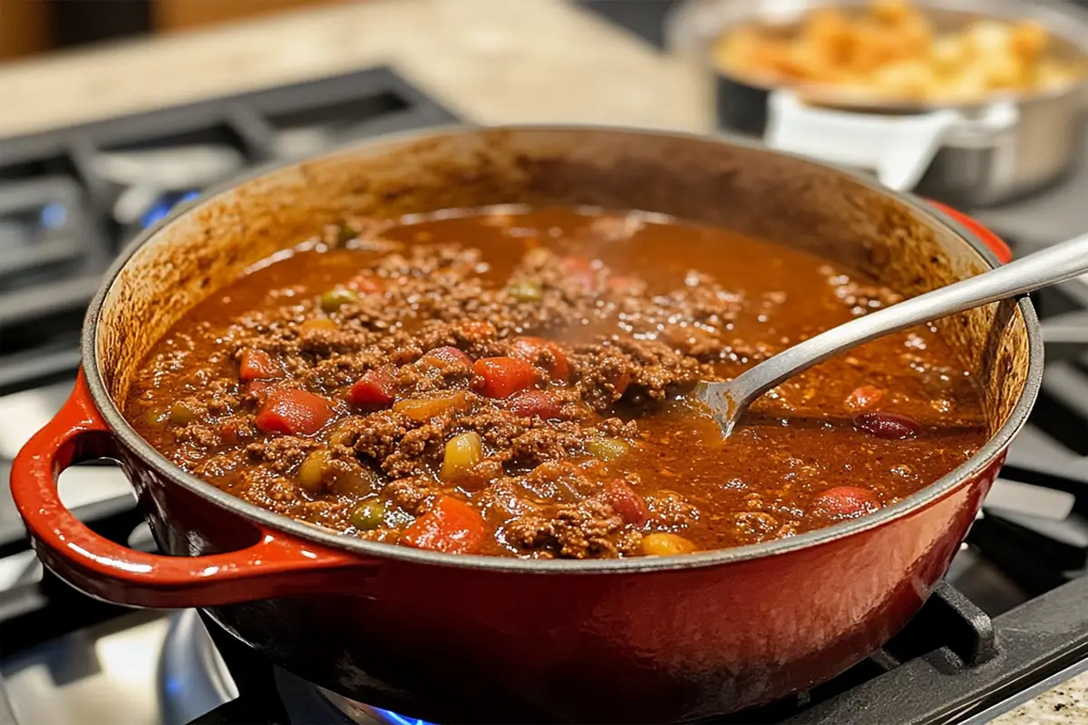 Venison Chili Simmering in Dutch Oven