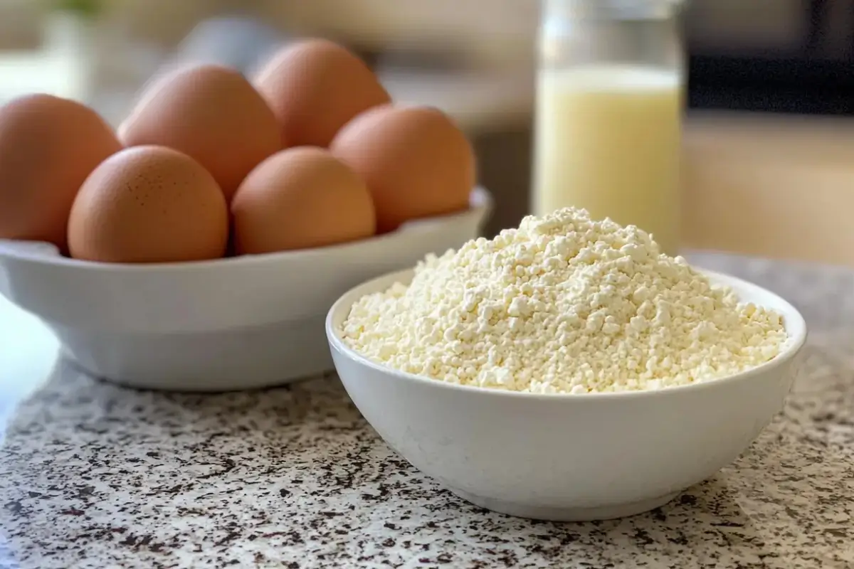 Essential ingredients for making fluffy Bisquick waffles, milk, eggs, and flour.