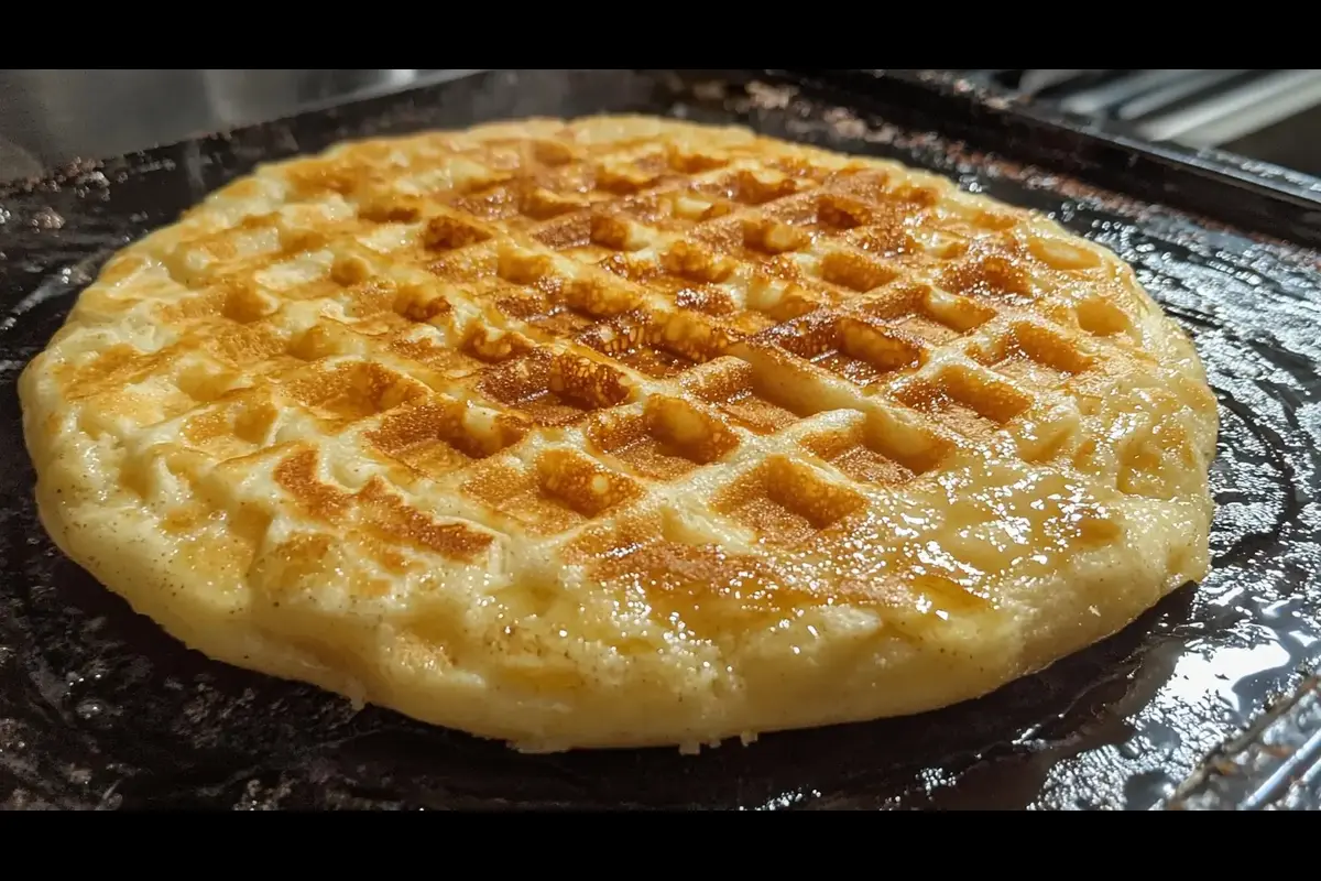 Bisquick waffle cooking on hot waffle iron, golden brown perfection.