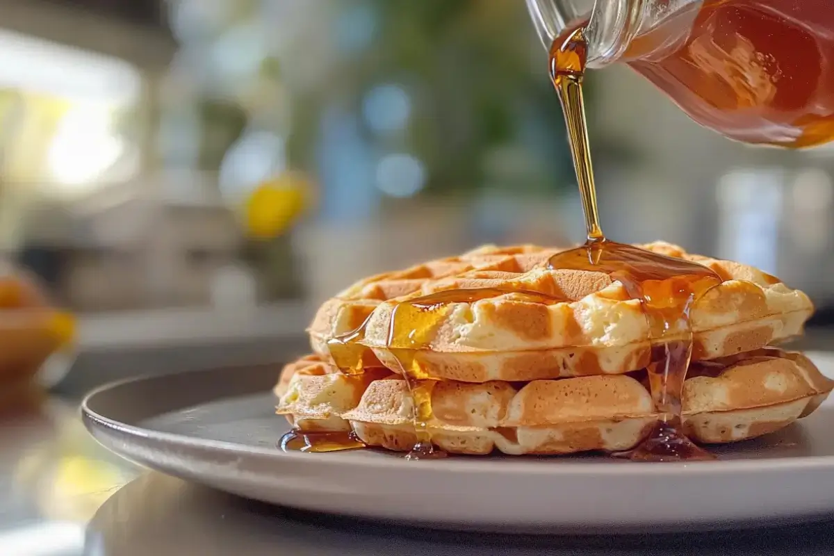 Delicious golden brown bisquick waffle with syrup drizzled on top.