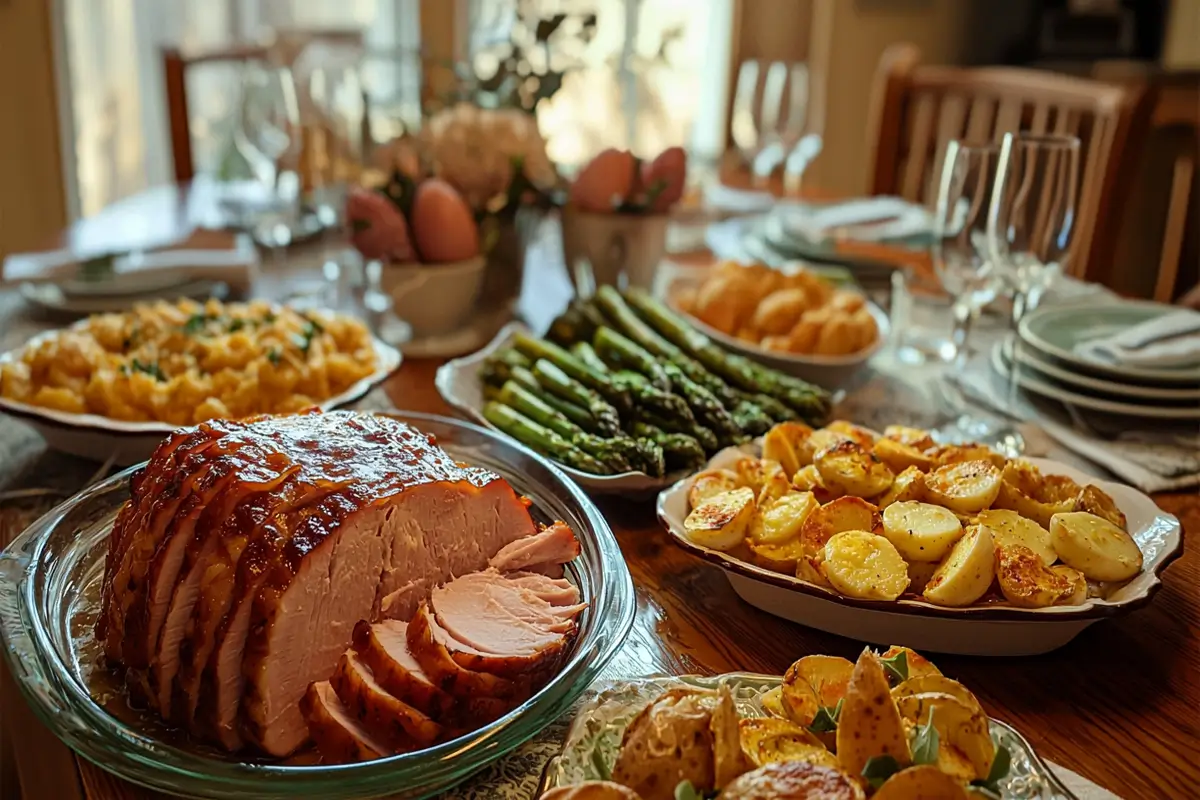 A festive table spread featuring several delicious American recipes for Easter