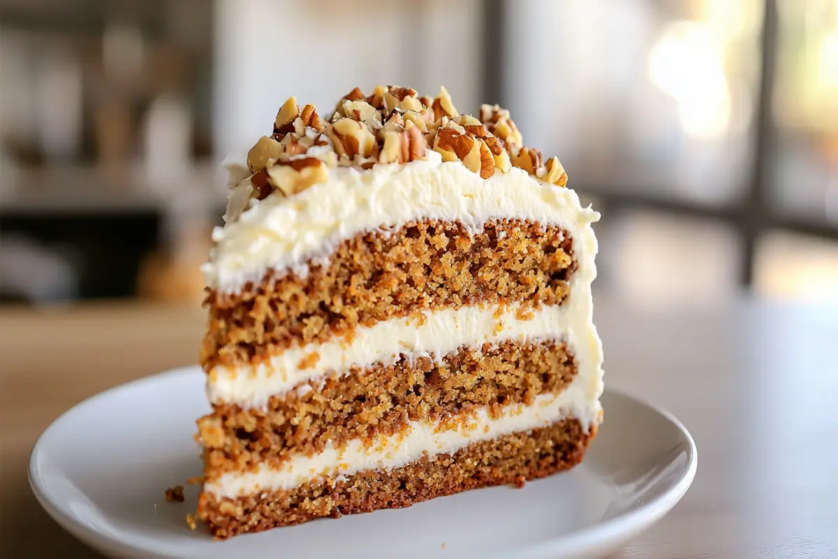 Delicious slice of carrot cake with cream cheese frosting, a perfect dessert from our recipes for Easter.