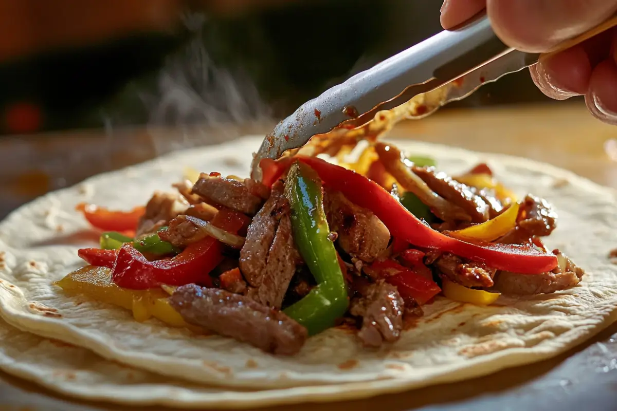 Hands using tongs to fill a warm tortilla with sizzling fajita ingredients.