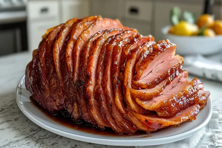 Close-up of delicious glazed ham slices, a classic centerpiece for American recipes for Easter.