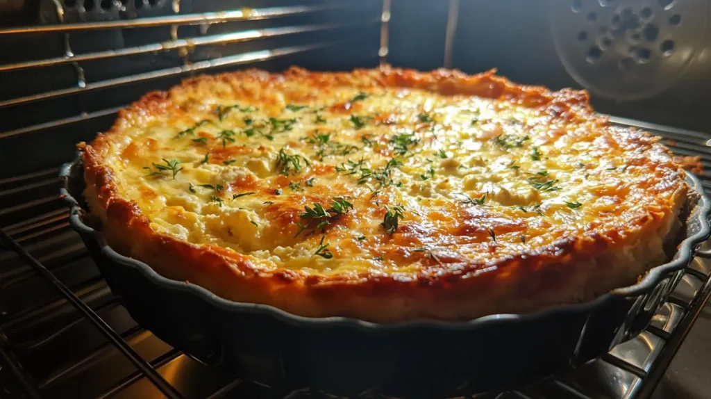 Cottage cheese quiche baking in the oven, golden crust.