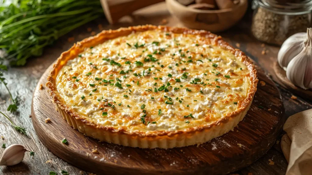 Cottage cheese quiche baking in the oven, golden crust.