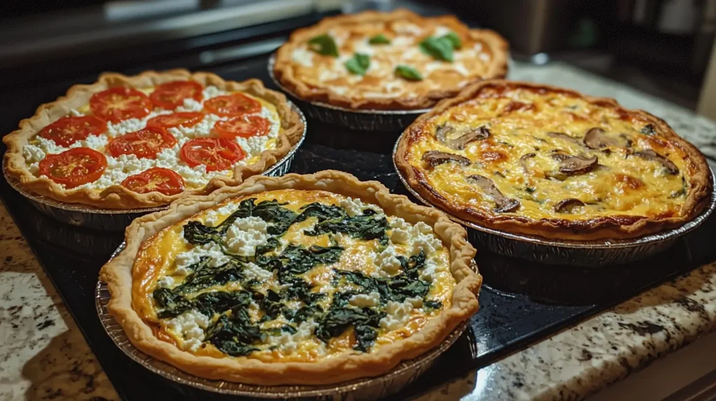 Three delicious cottage cheese quiche variations: spinach feta, mushroom swiss, and tomato basil.
