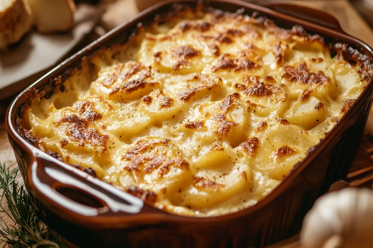 Comforting dish of creamy scalloped potatoes, a favorite side dish in recipes for Easter.