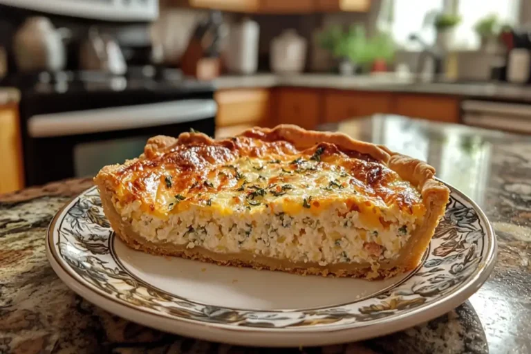 A delicious slice of homemade cottage cheese quiche.