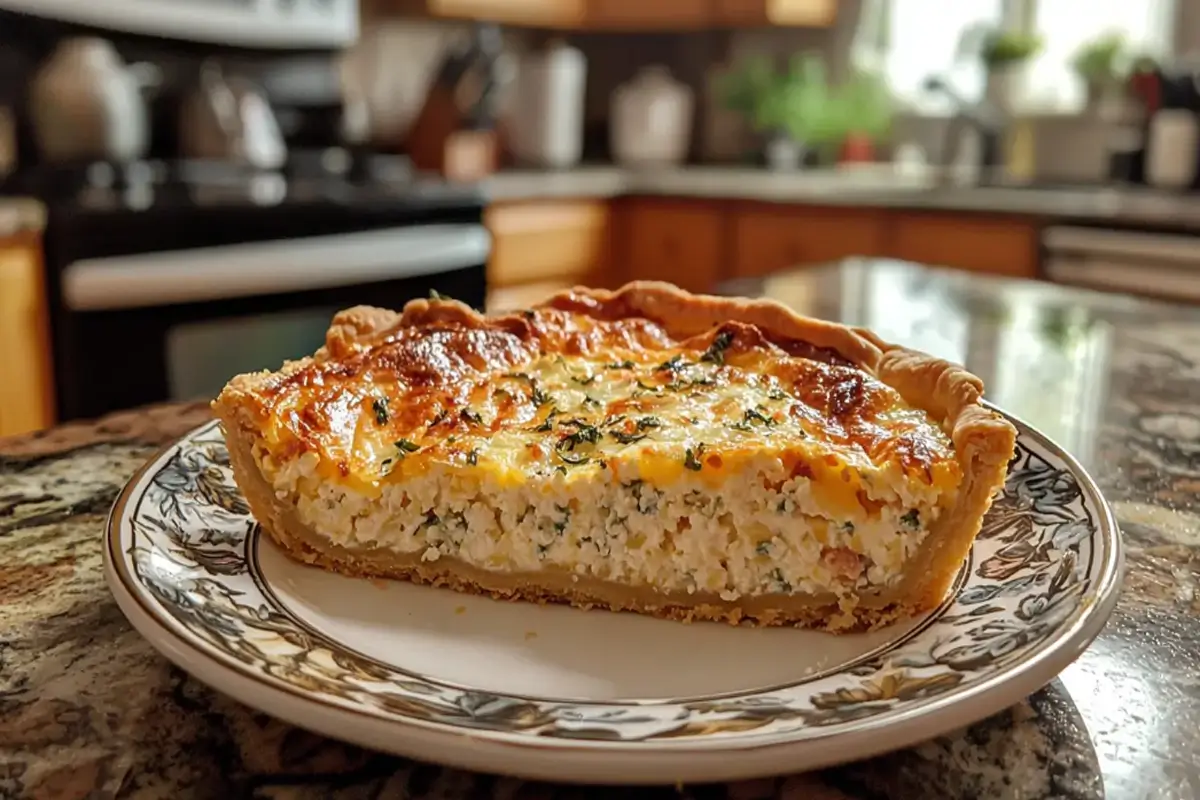 A delicious slice of homemade cottage cheese quiche.