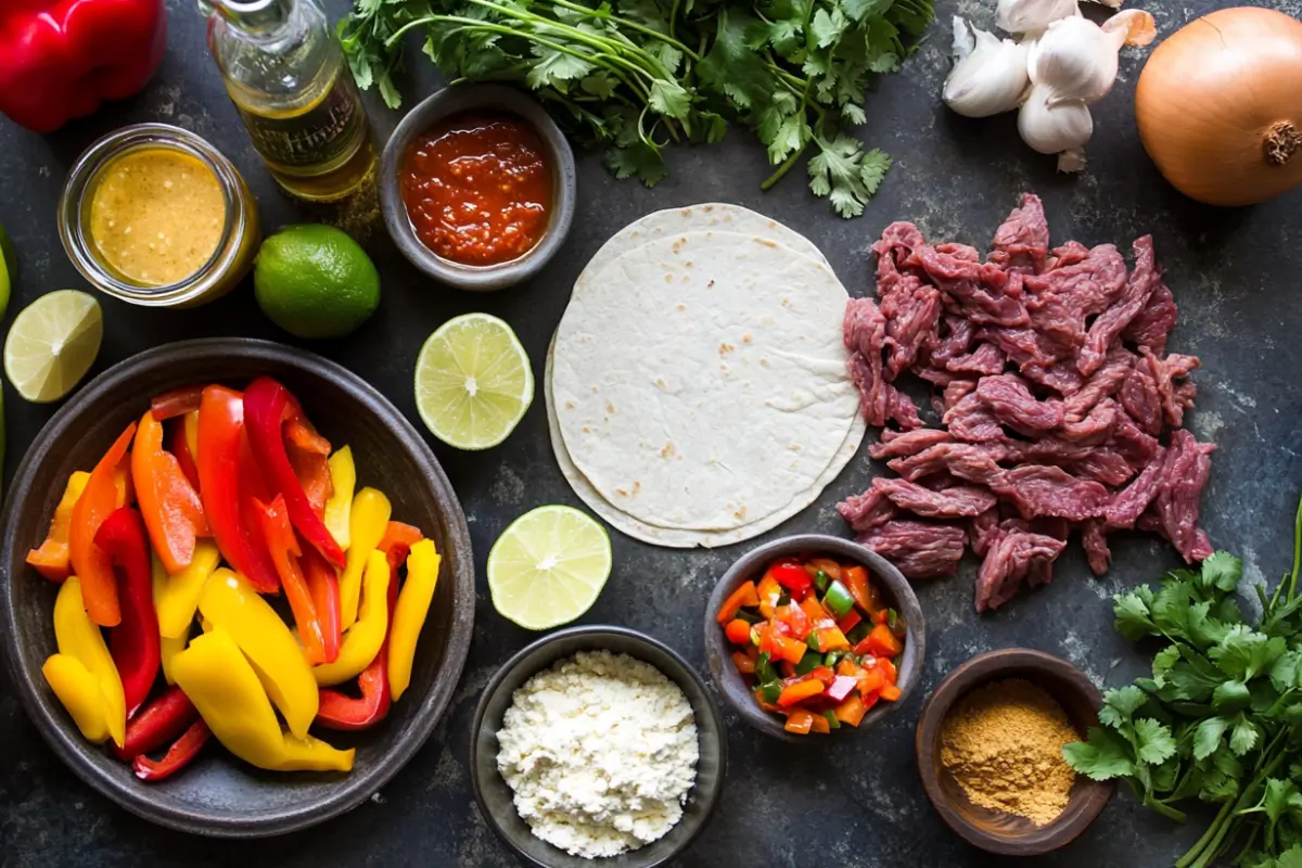 An array of fresh fajita ingredients, including chicken, onions, peppers, tortillas, and toppings, arranged on a clean surface.