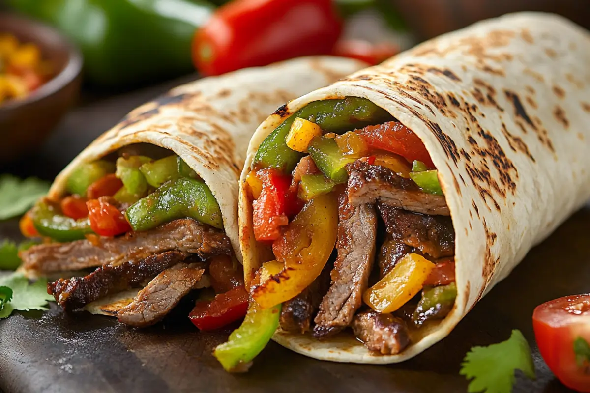 A close-up of a perfectly assembled fajita, cut in half to reveal the flavorful fillings, with toppings arranged around it.