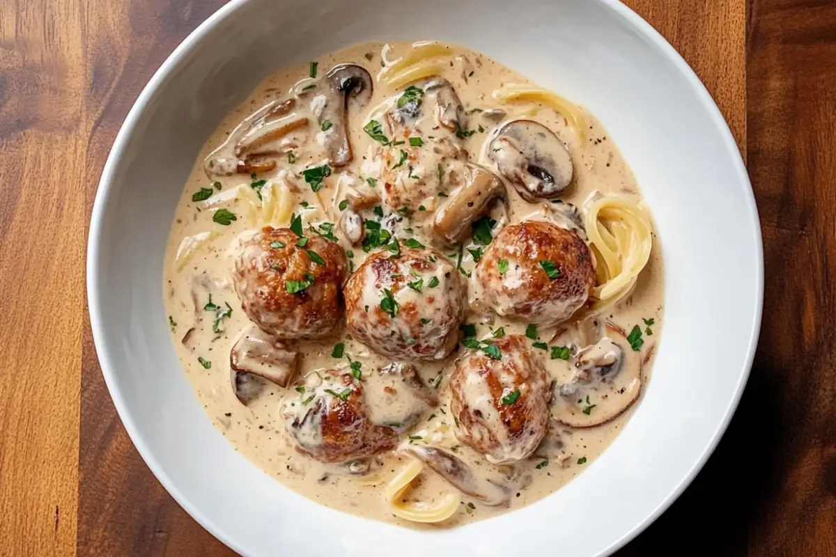 Frozen meatballs slow-cooked in mushroom sauce in crockpot