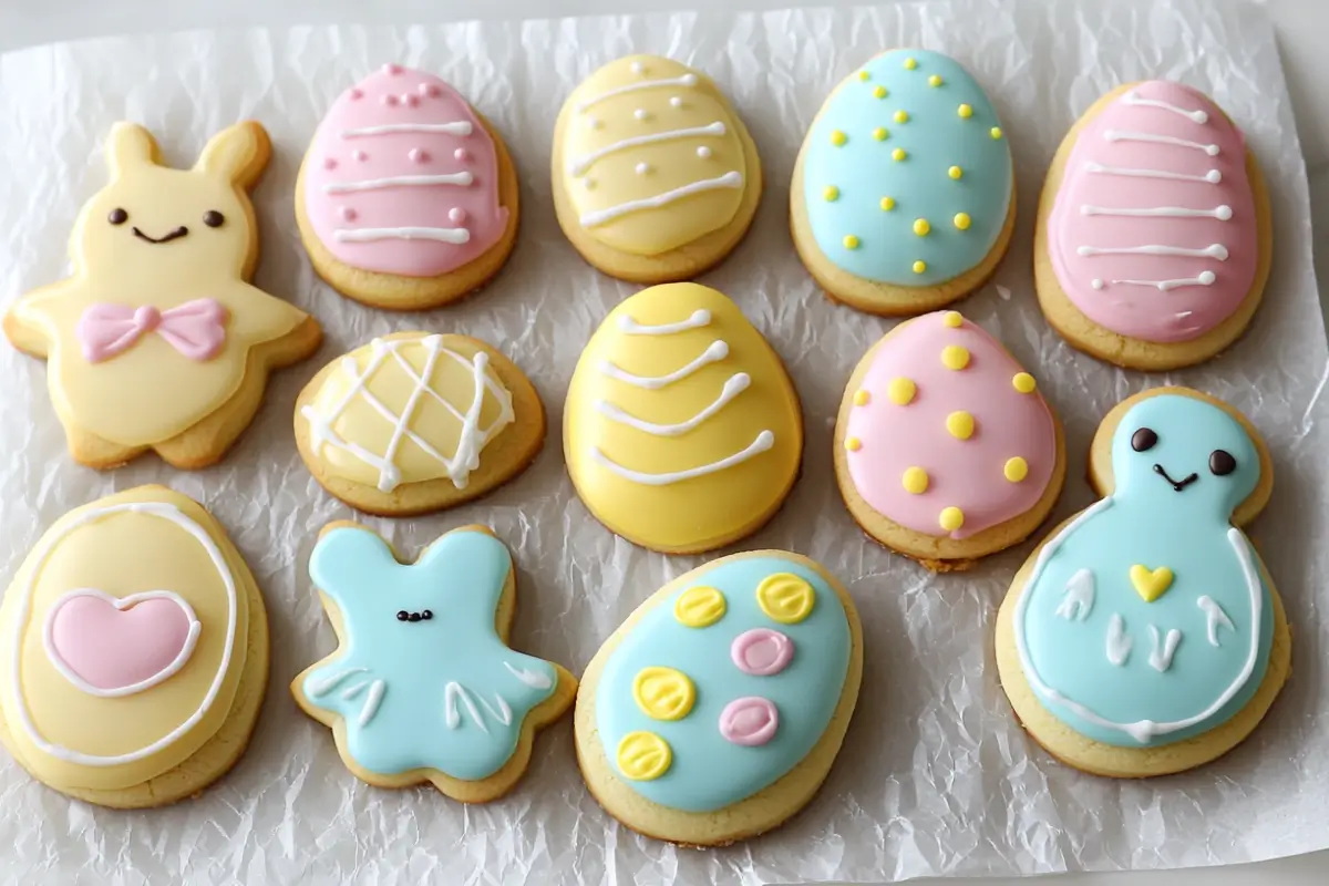 Colorfully decorated Easter American desserts sugar cookies in bunny and egg shapes.